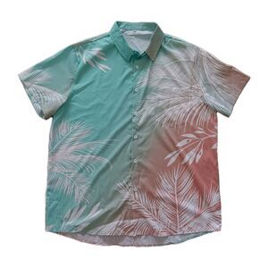 Mens XL Button Up Short Sleeve Shirt Palm Tree Leaf Gradient Casual Party Travel